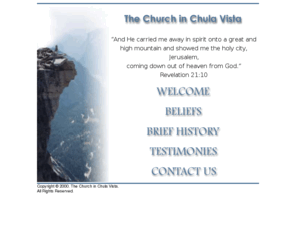 thechurchinchulavista.org: THE CHURCH IN CHULA VISTA - Lovers of Jesus affiliated with local churches, Watchman Nee, Witness Lee (Splash Page)
A local church, the church in Chula Vista, enjoys Christ and recommends the ministry of Witness Lee, Watchman Nee.