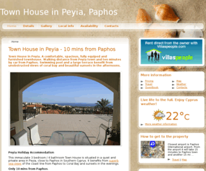 cyprus-holidayhome.com: Town House in Peyia - 10 mins from Paphos
Town House in Peyia for self-catering rental. Holiday home in Cyprus- year round sun, pool, sea views, balconies, terrace. Close to golf, water sports, night life, disco, bars, restaurants, cycling, walking, sight seeing and 4X4 offroading. 3 bedrooms, 4 bathrooms, fully furnished with freeview TV, kitchen, linen and free maintenance. All inclusive price. 10 mins from Paphos 30 mins from Airport.