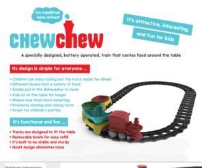 thechewchewcompany.com: Chew Chew - Fun Mealtimes with this colourful table train!
Chew Chew, fun mealtimes have arrived. This colourful table train will keep children sit at the table for longer during mealtimes.