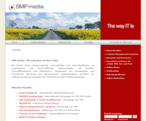 smpmedia.biz: SMP media GmbH - Internetagentur Hamburg. Webdesign, Content Management Systeme, Newslettersysteme.
SMP media GmbH - Internetagentur Hamburg. Webdesign Hamburg, Internetseiten, Content-Management-Systeme, Intranets, Extranets, Newslettersysteme, Online-Shops, Individual-Software, Online-Marketing.