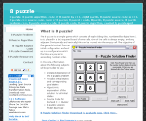 8puzzle.com: 8 Puzzle Problem, Algorithm, C   Source Code, Download
You will find the description of 8 puzzle (a.k.a. 15 Puzzle) and software that finds the solution for every initial state.