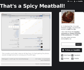 thatsaspicymeatball.com: That's a Spicy Meatball!
Hi, I'm Bertrand Fan. I'm a web developer at Flickr. I've previously worked on MyBO and TED. I also make things like Metafilter comments vs. Youtube comments, HTML5 Zombocom, and smittn.