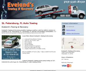 cashforjunkcarsfl.com: Auto Towing St. Petersburg, FL - Eveland’s Towing & Recovery
Eveland’s Towing & Recovery provides Auto Towing, Local and long distance towing, Cash for cars, trucks, vans to  St. Petersburg, FL. Call 727-536-8130.