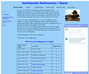 earthquake-nepal.com: Earthquake Nepal, Kathmandu, Pokhara, quake risk (management) 2011
Information about (recent) earthquakes and the earthquake risk in Nepal, Kathmandu, Pokhara. The last earthquake that shook the Kathmandu Valley was October 18, 2010 and had its epicentre in China's Xizang-Nepal border