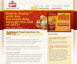 wenburgerknoxville.com: Wendy's | Southeast Food Services Co, LLC | Knoxville, TN
Explore Wendy's in the Knoxville, TN area- learn about recent news and events, enter to win contests, find our locations and inquire about employment opportunities.