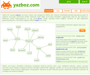 yazboz.com: yazboz.com - ana sayfa
Yazboz bir serbest çağrışım oyunudur. Eklenen çağrışımlarla oluşan ağ içinde gezinebilir, merak ettiğiniz kelimeleri gözlemleyebilirsiniz.