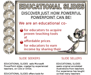 educationalslides.com: Home
EDUCATIONAL SLIDES is a co-op: for educators to acquire proven teaching tools at affordable prices for educators to earn income by sharing their original teaching slides