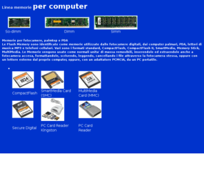 i3807190280.com: memorie per tutti i computers e notebooks
Computer memory,  the e-Sourcing Company. Distribuzione Memorie, Hardware e Networking. Vasto assortimento di Flash Memory utilizzate da fotocamere digitali, e computer palmari, PDA, lettori di musica MP3 e telefoni cellulari. I vari formati  sono: CompactFlash, CompactFlash II, SmartMedia, Memory Stick, MultiMedia.