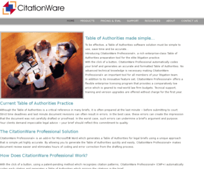 citationware.com: Table of Authorities
CitationWare Professional is legal citation software that creates legal citations in proper Bluebook citation or California Style citation form, creates a table of authorities, and assists in legal research and legal writing.
