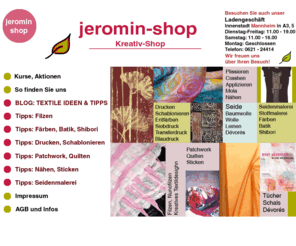 jeromin-shop.de: jeromin-shop
Willkommen in unserem Shop für Kreativität, Naturkosmetik und Wohlbefinden mit einem Sortiment zum Selbermachen, zum Genießen und zum Schmöckern! Gehen Sie auf Entdeckungsreise.