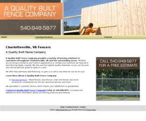 fencingcharlottesville.com: Fencers Charlottesville, VA - A Quality Built Fence Company
A Quality Built Fence Company provides a variety of fencing solutions to Charlottesville, VA. Call 540-948-5877 for a free estimate.