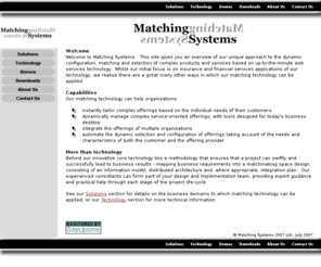 matchingsystems.com: Matching Systems
The Matching Systems Engine combines dynamic configuration using business rules with structured search technology.  The result is a unique technology for rapidly deploying sophisticated matching solutions.