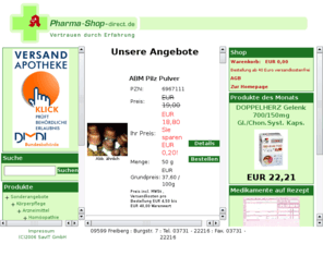 pharma-shop-direct.com: Shopsystem für Apotheken, Apothekenshopsystem,Apothekenshopsysteme, Kliniksysteme - SavIT GmbH
Ihr führender Anbieter auf dem breiten Feld der E-Health Lösungen, mit 20 jähriger Erfahrung in der Produktentwicklung von ApothekenOnlineShops, ArzneimittelLogistikLösungen und KlinikAdministration.