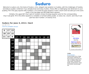 suduro.com: Suduro Combining Sudoku and Kakuro Puzzles Combined
Welcome to suduro.com, the home of Suduro, a fun, elegant new variation on Sudoku, combining the challenges of Sudoku and Kakuro puzzles.