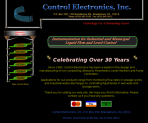 controlelectronics.com: Home
Control Electronics, Inc. is a leading designer and manufacturer of Ultrasonic
Open Channel Flowmeters, Doppler Flowmeters, Level Monitors and Pump Controllers.