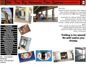 roltrac.com: BIG Automatic Doors Systems. Rol-Trac (Automatic Doors) Ltd
BIG Automatic Doors Systems. For the Pharmaceutical, Security, Transport and Architectural Industries.