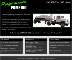 performancepumping.com: Performance Pumping - Septic tank pumping and more since 1986
Southern California septic tank pumping and leach line servicing since 1986. C-42 license #799834.