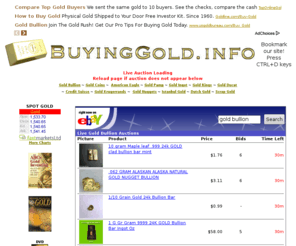 buyinggold.info: Buying Gold .info ~ How to Buy Gold On the Internet ~ Live Online Gold Auctions ~ Investing in Gold ~ Books ~ More
Live Gold Auctions and More Resources for Buying Gold and Investing in Gold Bullion, Jewelry, Coins, and More on the Internet