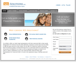 nd-solution.com: Debt Settlement Legal Representation - ND-Solutions, Inc.
ND-Solutions ability to offer legal representation with their unsecured debt is what mainly distinguishes us from the debt settlement companies