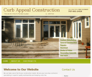 constructioneureka.com: Curb Appeal Construction
Curb Appeal Construction offers general contracting, custom remodeling, drywall and siding, repairs, electrical, decks and patios, and decorative concrete.