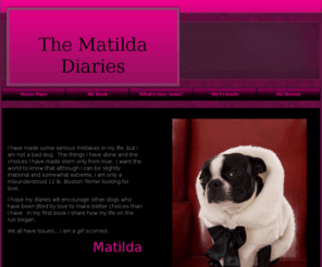 matildadiaries.com: The Matilda Diaries
The Matilda Diaries is a story of a love scorned Boston Terrier. This is the first book in her series documenting her humorous and risque adventures.  Come and join her, you'll laugh, you'll cry.