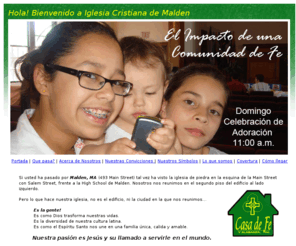 iglesiademalden.com: Gente Latina del Norte de Boston
Gente Latina del Norte de Boston. La Iglesia Casa de Fe y Alabanza es una iglesia cristiana en 
Malden, Massachusetts, de la iglesia Presbiteriana Cumberland.