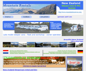 mountaintravel-nz.com: New Zealand sleeper van rental and sleepervan hire - 2 berth camper van rentals
Sleeper van rental - Sleepervan hire in New Zealand.  Rental 2 berth motorhomes and 2 berth camper vans hire for your travel in New Zealand with depots in Auckland and Christchurch