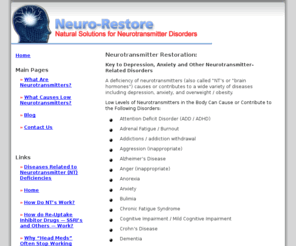 neurorestore.info: Neuro-Restore | Neurotransmitter disorders
Features information on neurotransmitter deficiences, its causes, symptoms and related diseases. Also provides a guide on vitamis, diet, and other alternative medicines.