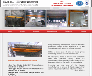 sahilengineers.com: Box Type Single Girder EOT Cranes, Box Type Double Girder EOT Cranes, Beam Type EOT Cranes, Gantry Cranes, Goliath Cranes, Semi Goliath Cranes, Under Slung Cranes, Cranes And Hoists, India
Box Type Single Girder EOT Cranes, Box Type Double Girder EOT Cranes, Beam Type EOT Cranes, Gantry Cranes, Goliath Cranes, Semi Goliath Cranes, Under Slung Cranes, Cranes And Hoists, India