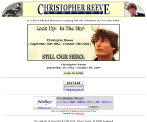 chrisreevehomepage.com: Christopher Reeve Homepage
Christopher Reeve Homepage! - Information on Christopher Reeve. Including Movie Reviews, News and Information, Huge List of Relevant Links, Fundraising Information and much more!