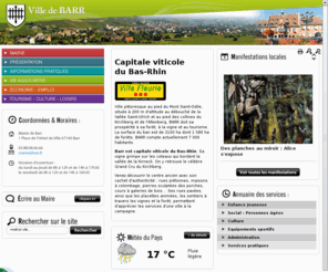 barr.fr: Site officiel de la commune de Barr - Pays de Barr et du Bernstein (France - Alsace - Bas-Rhin)
Barr est capitale viticole du Bas-Rhin. Sa vigne grimpe sur les coteaux qui bordent la vallée de la Kirneck. On y retrouve le célèbre Grand Cru du Kirchberg. Petite ville pittoresque au pied du Mont Saint-Odile, entre Colmar et Strasbourg.