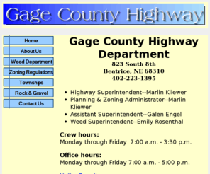 gagecountyhighway.com: Gage County Highway Department
Gage County Highway, Weed, and Zoning Department
