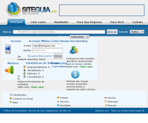 siteguia.com: SiteGuia - Web Inteligente
Encontre no guia lugares, hoteis, emprego, negócios e empresas de uma forma inteligente.