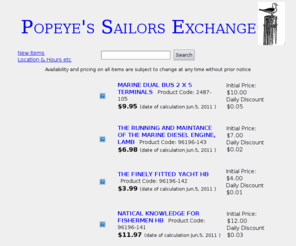 free-adverts.org: Popeye's Sailors Exchange, Sailors Auction, Marine Consignments, used marine Vancouver, marine consignments Vancouver;
Popeye's Sailors Exchange is a Marine Consignment store & Popeye's Marine Catalog Shop & R.V. Shop Inc. is a Marine Discount and Mail Order Store