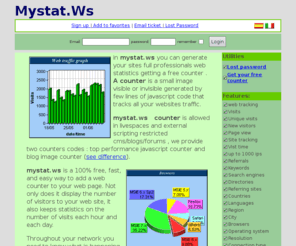 mystat.ws: Statistiche web gratis ** counter invisibile ** , contatore sito senza limiti di visite
mystat.ws statistiche web professionali  per siti web e portali senza limiti ,counter invisibile gratis , rilevamento regioni e città ,keywords ,  referrals , motori di ricerca , percorsi e tempi di permanenza sulle singole pagine ,nazionalita , regione , città e lingua dei navigatori del tuo sito   saranno sotto controllo in due minuti , semplici istruzioni in italiano , attivazione immediata