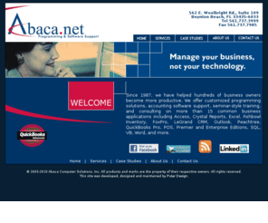 abaca.net: Certified QuickBooks Enterprise ProAdvisor | Fishbowl Inventory | Programming & Software | Abaca.net
Abaca.net provides QuickBooks & QuickBooks Enterprise Solutions, (Accounting Software),  Peachtree (Small Business Accounting Software), We offer eTraining, (web-based training),  and eSupport, on-site training, technical support, as well as customized programming.