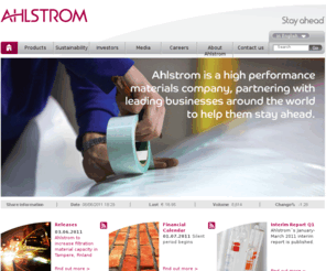 ahlstrom.com: Ahlstrom
Ahlstrom is a high performance materials company, partnering with leading businesses around the world to help them stay ahead. Our products are used in a large variety of everyday applications, such as filters, wallcovers, wipes, flooring, labels and food packaging. We have a leading market position in the businesses in which we operate.