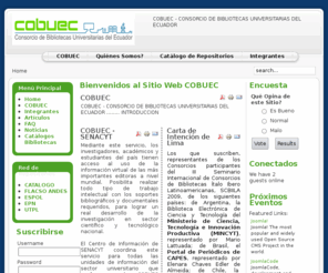 cobuec.org: Bienvenidos al Sitio Web COBUEC
COBUEC - CONSORCIO DE BIBLIOTECAS UNIVERSITARIAS DEL ECUADOR - CATALOGO DE REPOSITORIOS ECUATORIANOS - BIBLIOTECAS DEL ECUADOR