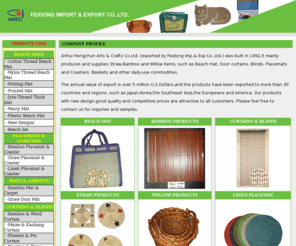 aharts.com: Beach Mat, Mats & Carpets, Curtains & Blinds, Boxes & Baskets Suppliers, Feidong Imp.& Exp.CO.,LTD.
Beach mat suppliers. Our cotton thread beach mat, nylon thread beach mat, plastic beach mat, folding mat, printed mat products are popular all over the world with high quality, competitive price, fast delivery and efficient service.