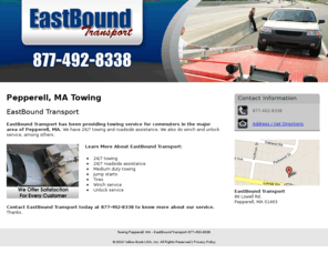 eastboundtransport.com: Towing Pepperell, MA - EastBound Transport 877-492-8338
EastBound Transport provides towing service for commuters in Pepperell, MA. Call 877-492-8338 today.