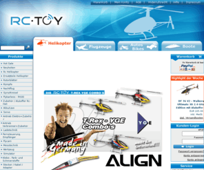 rc-toy.de: Rc-Toy Ihr professioneller Rc Modellbau Shop Walkera Esky
RC-Helikopter - Der Online Shop für Rc Modellbau-Artikel von ALIGN Robbe Graupner Multiplex Futaba Walkera Esky SJM Razor Notos Bantam Rc-Power und vielen weiteren...