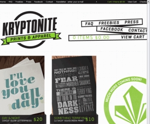 shopkrypton.com: Kryptonite Prints and Apparel - Home
Kryptonite Prints and Apparel offers exclusive, limited edition prints and tees based on comics, pop culture, movies, design, typography and more.