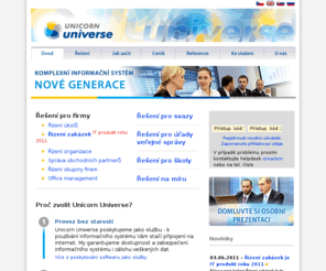 unicornuniverse.net: Unicorn Universe - Komplexní informační systém nové generace
Unicorn Universe je komplexní informační systém pro řízení firmy, který poskytujeme zákazníkům jako službu. Pro podporu konkrétních oblastí podniku existují Připravená řešení, která reprezentují výchozí nastavení a lze je rychle začít používat. 