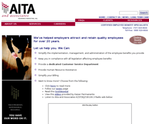 aitaandassociates.com: Aita & Associates, Certified Employee Benefit Specialists
nancy aita, aita and associates, employee benefits, benefits, 
                health insurance, dental insurance, disability, pension plans, family plan, health plan, 
                major medical, insurance, broker, quotes, medical plans, blue cross, blue shield, 
                healthnet, individual plans, COBRA, sonoma county, bay area, california, human resource, 
                worker's compensation, worker's comp