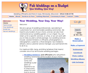 budgetweddings.info: Fab Weddings on a Budget: Minnesota Wedding Ministers, Wedding Officiants, Wedding Photographers also Iowa and Wisconsin
Wedding Officiants and Wedding Ministers and Wedding Photographer resources in Minneapolis and the Upper Midwest
