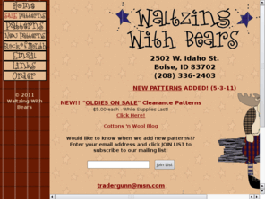 waltzingwithbears.com: Waltzing With Bears Wool Applique, Embroidery and Doll Patterns
Welcome to Waltzing with Bears! Adorable doll patterns, pillow, stitchery, Wool Applique patterns, embroidery patterns,  and quilt patterns for crafters who are looking for a unique project or gift.