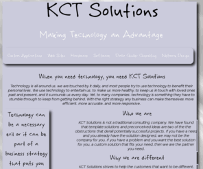 kctsolutions.net: KCT Solutions - Technology that works for you
KCTSolutions works to deliver custom solutions to businesses and individuals.