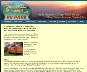 creekwoodfarmrv.com: Creekwood Farm RV Park, Great Smoky Mountains and Maggie Valley North Carolina
Creekwood Farm RV Park in The Great Smoky Mountains of North Carolina. Close to maggie valley, Waynesville and the Great Smoky Mountains National Park