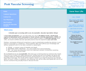 peakvascularscreening.com: Peak Vascular Screening - Home Page - lower your risk of disabling stroke, death from ruptured abdominal aortic aneurysm or heart attack, and leg amputation
Peak Vascular Screening - Home Page - lower your risk of disabling stroke, death from ruptured abdominal aortic aneurysm or heart attack, and leg amputation