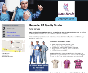 katsscrubs.net: Quality Scrubs Hesperia,  CA - Kats Scrubs 760-949-0195
Kats Scrubs provides Quality Scrubs, Pants, Tops, Jacket Sets and Lab Coats to Hesperia, CA. Ask About Our Monthly Specials! Call 760-949-0195